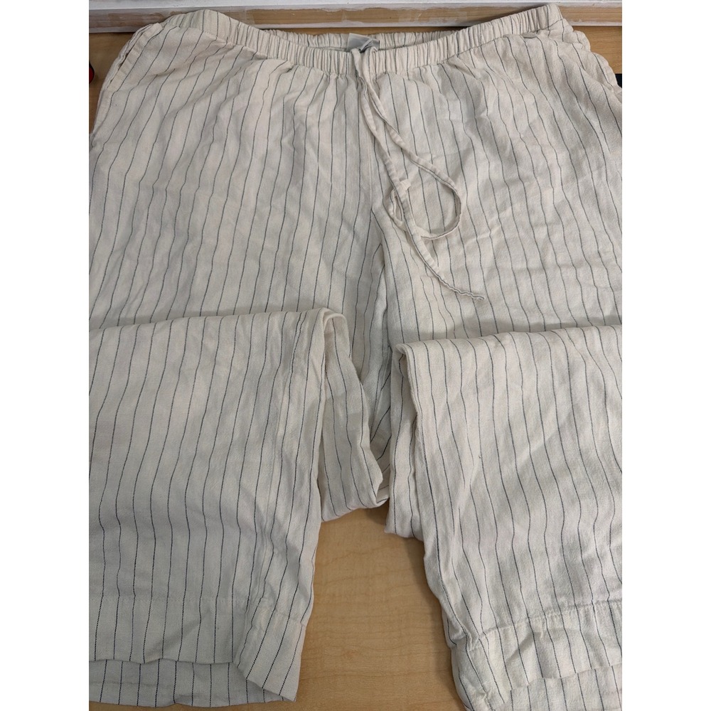 A New Day Cream Navy Pinstripe Linen Blend Drawstring Pants Large Regular